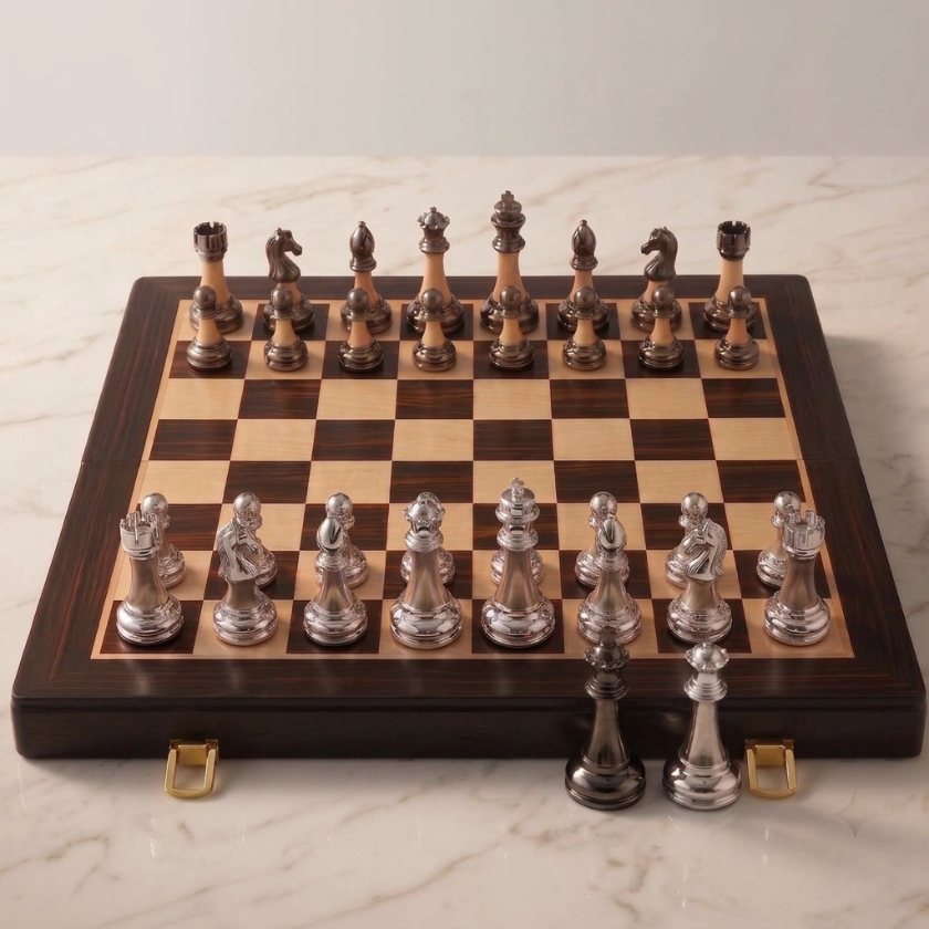 The Axiom - Folding Chess Set with Silver & Copper Pieces