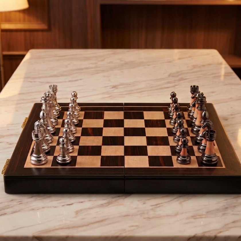 The Axiom - Folding Chess Set with Silver & Copper Pieces
