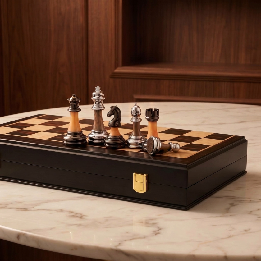 The Axiom - Folding Chess Set with Silver & Copper Pieces