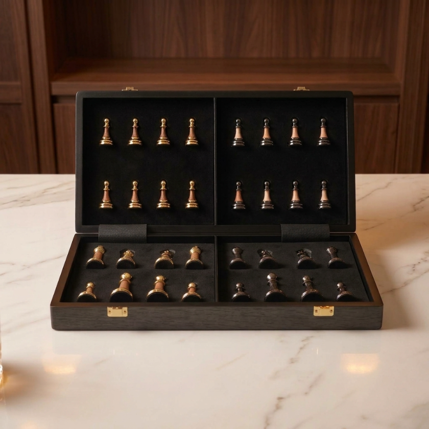 The Axiom - Folding Chess Set with Silver & Copper Pieces
