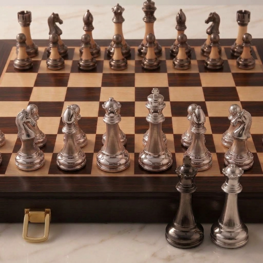 The Axiom - Folding Chess Set with Silver & Copper Pieces
