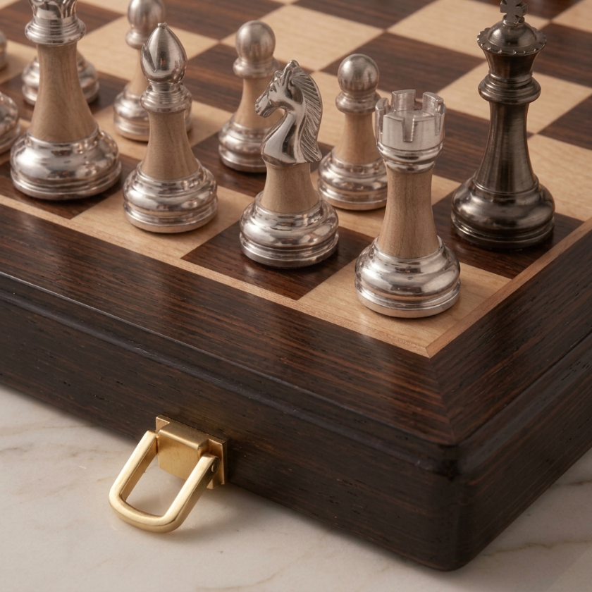 The Axiom - Folding Chess Set with Silver & Copper Pieces