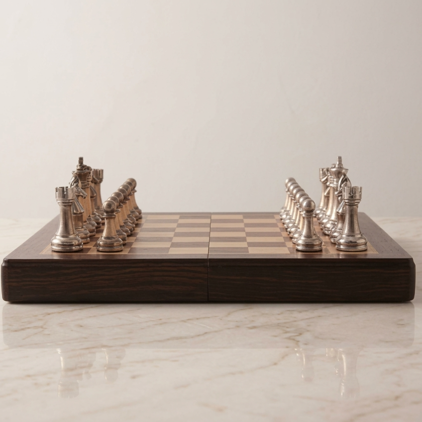 The Axiom - Folding Chess Set with Silver & Copper Pieces