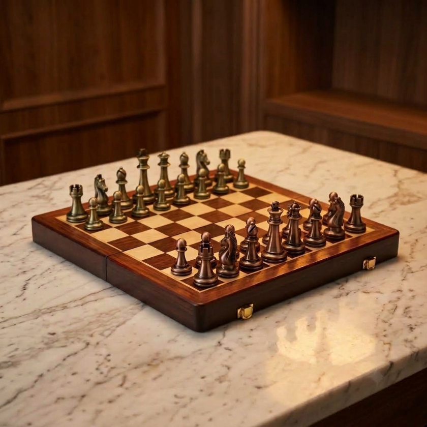 The Meridian - Walnut Chess Case with Metal Pieces
