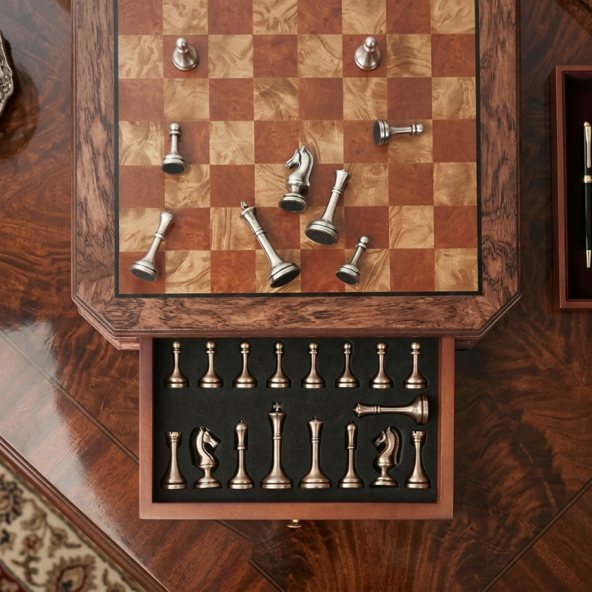 The Pandhess - Mahogany Chess Set with Metal Pieces & Drawer