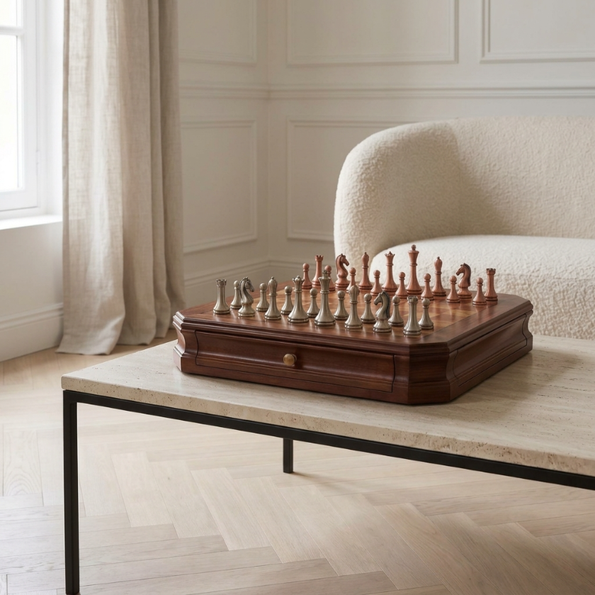 The Pandhess - Mahogany Chess Set with Metal Pieces & Drawer