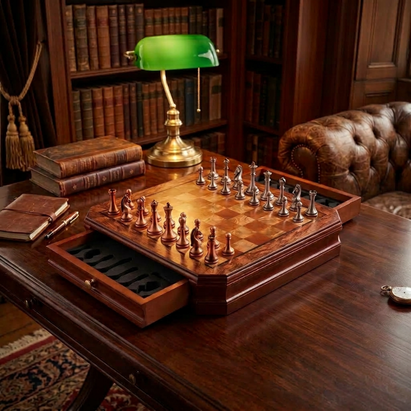 The Pandhess - Mahogany Chess Set with Metal Pieces & Drawer