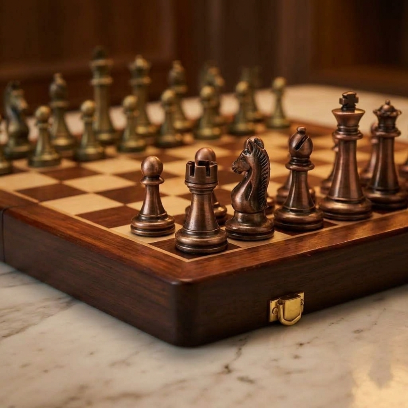 The Meridian - Walnut Chess Case with Metal Pieces