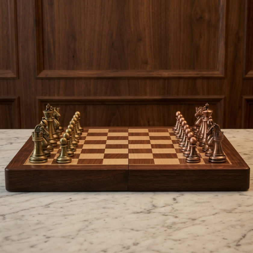 The Meridian - Walnut Chess Case with Metal Pieces
