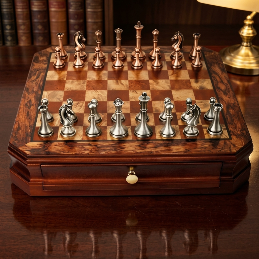 The Pandhess - Mahogany Chess Set with Metal Pieces & Drawer