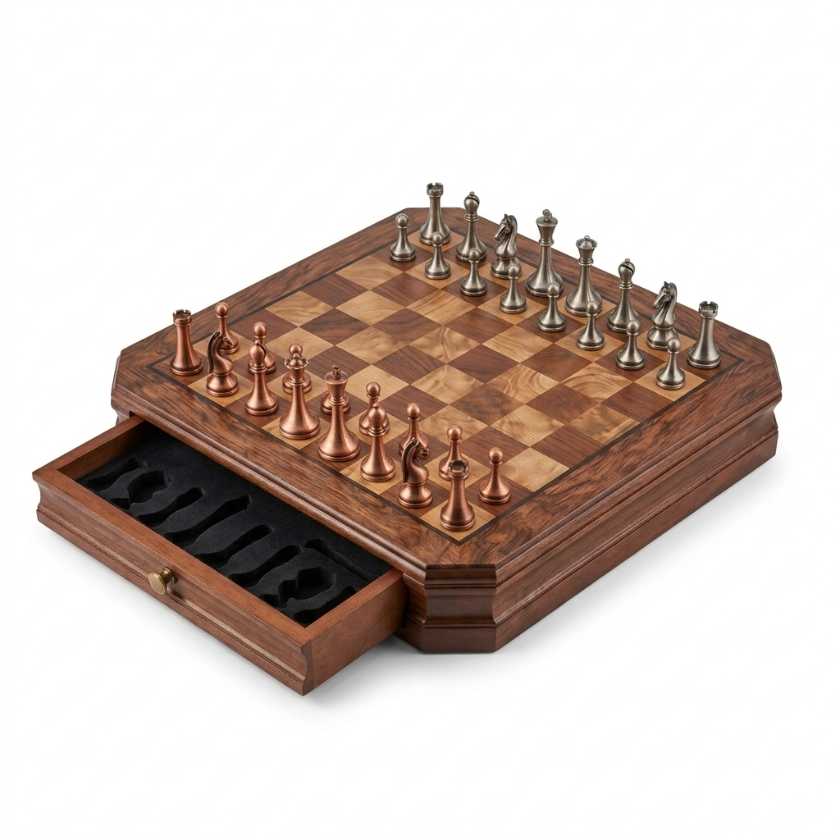 The Pandhess - Mahogany Chess Set with Metal Pieces & Drawer