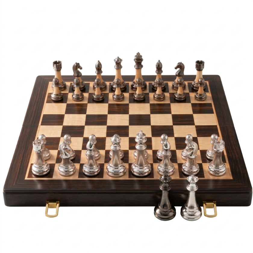 The Axiom - Folding Chess Set with Silver & Copper Pieces